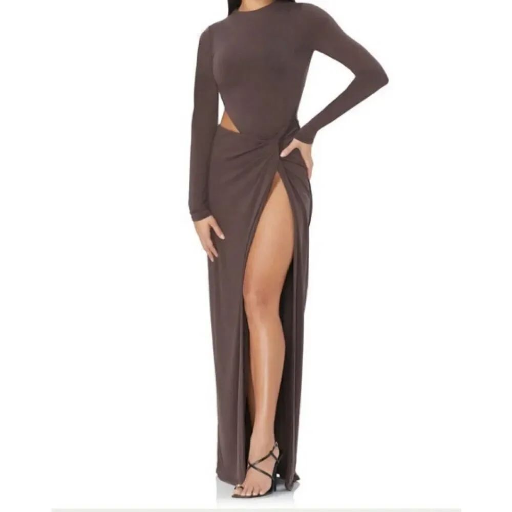 AFRM Brie Long Sleeve Side Cutout Maxi Dress in Java Brown Size XXS